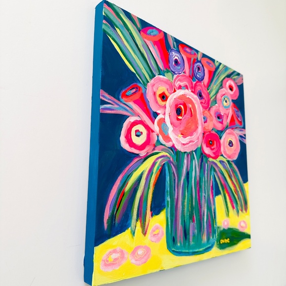 Original Abstract Floral Painting: Colorful Flowers Vase Still Life 12"x12" OOAK - Picture 3 of 10